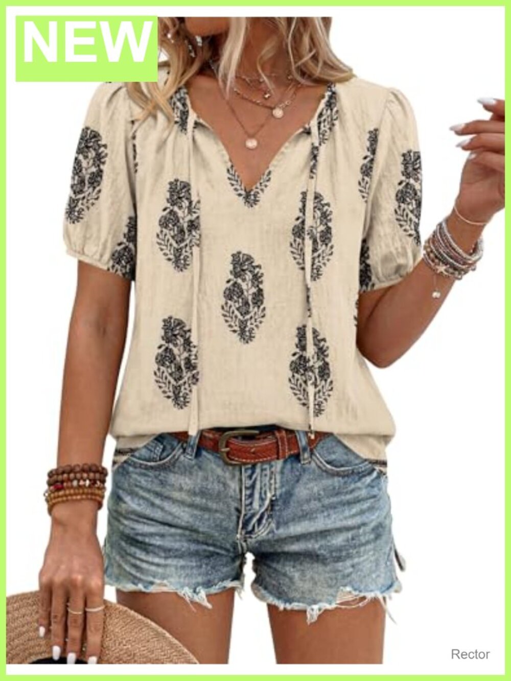 Boho Peasant Blouse Short Sleeve V-Neck Tie-Front Flowy Summer Top
